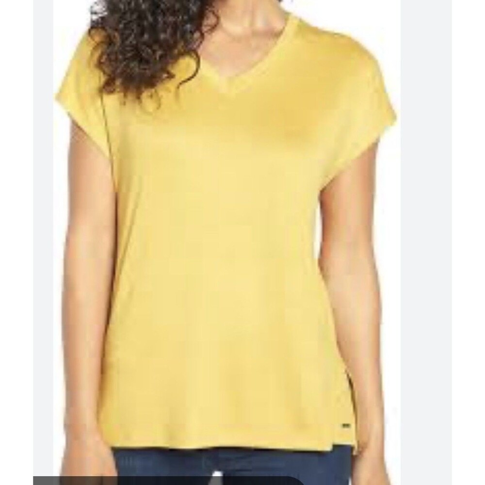 Orvis Sweater Top Women's Size S Yellow Cap Sleeve V Neck Knit Tunic Cottagecore